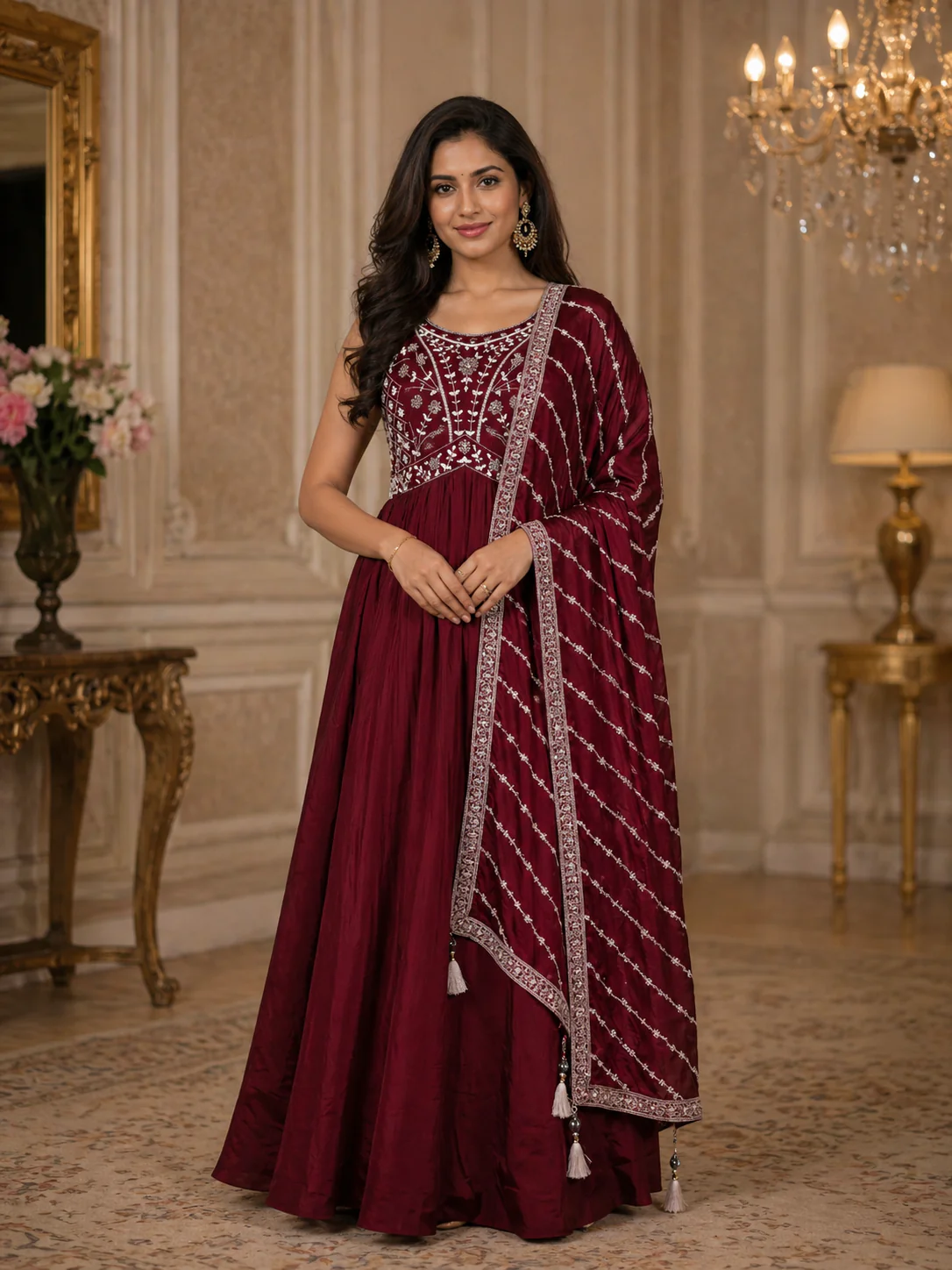 Maroon Floral Embroidered Design Georgette Gown
